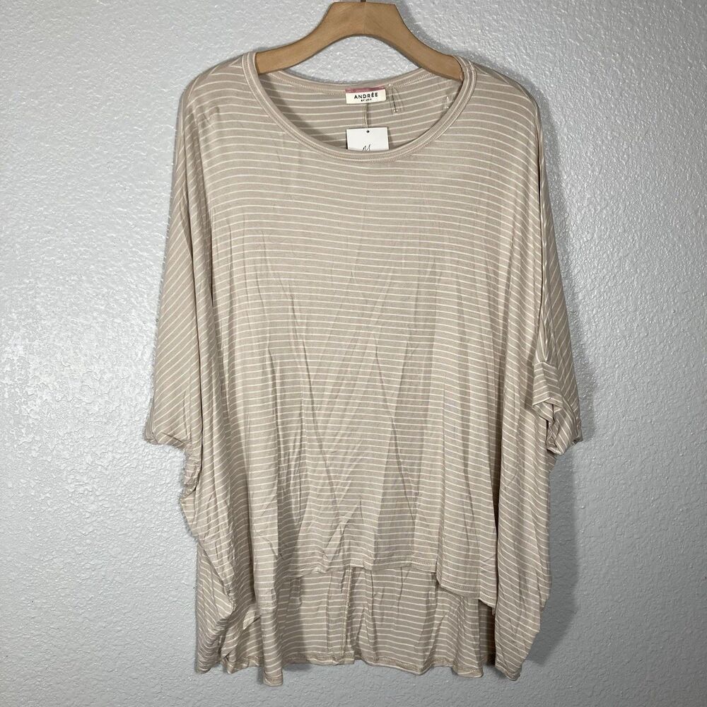 New Oversized Top M Beige Striped Lagenlook Loose Boxy Asymmetrical Blouse Tunic